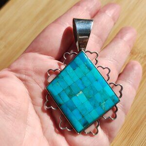 Jay King DTR mine finds Turquoise inlay 3" Pendant 925 Sterling Silver